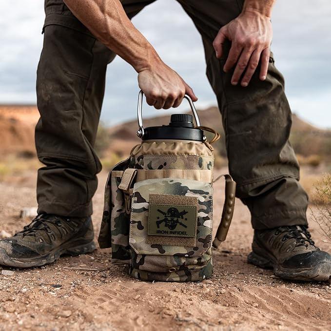 Iron Infidel Battle Bottle - One Gallon Insulated Water Bottle with Dual Carry Handles - 128 oz Tactical Stainless Steel Water Jug & Rugged Extra Large Sleeve With Storage (OCP Camo 128 Ounces)-FlexoryFit
