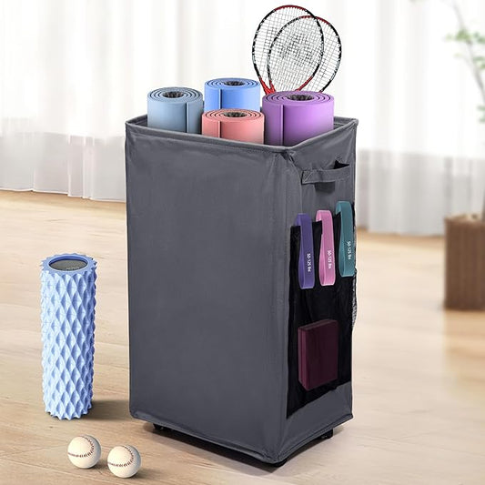 Yoga Mat Storage Racks, Home Gym Storage Rack with Wheels, Yoga Mat Holder Side 2 Mesh Pockets, Yoga Storage Basket Holds 4 Yoga Mats, 2 Foam Rollers, 6 Resistance Bands-FlexoryFit