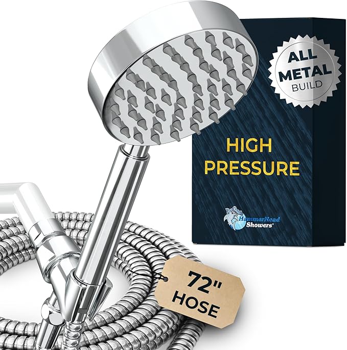 HammerHead Showers® Solid Metal Handheld Shower Head with Hose and Brass Holder - CHROME - 2.5 GPM High Pressure Shower Heads with Adjustable Shower Wand Bracket - 6ft Flexible Extension