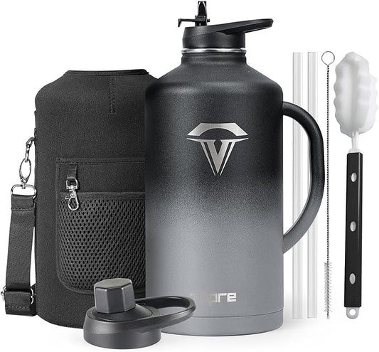 128 oz Insulated Water Bottle with Straw and Lid, One Gallon Stainless Steel Cup with Handle,Leakproof Metal Travel Jug Flask Mug Tumbler Cup With Carry Pouch and Brush,Keep Cold & Hot,Grey-FlexoryFit