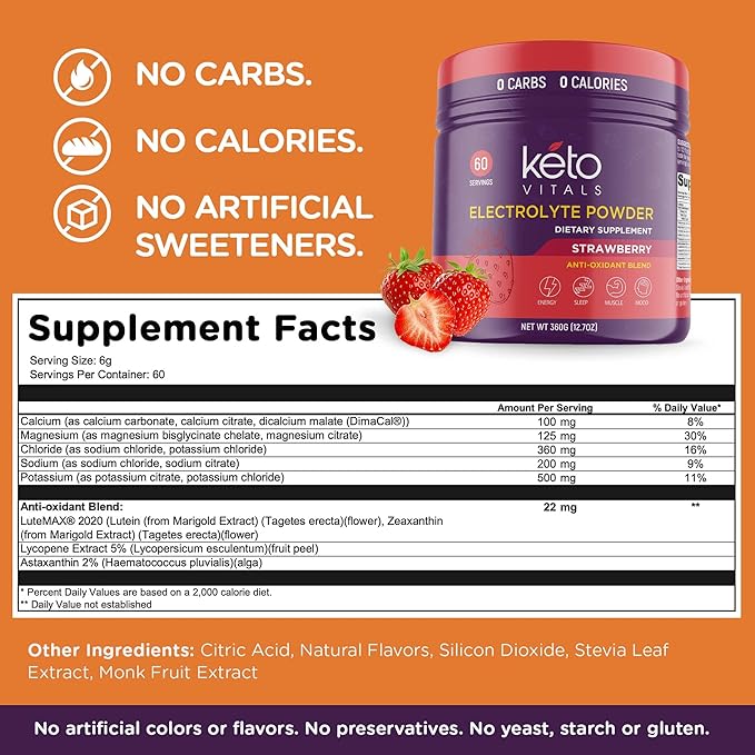 Keto Vitals Antioxidant Electrolytes Powder - Blend Electrolytes with Potassium, Magnesium, Sodium, Calcium | Keto Electrolytes Supplement Energy Drink Mix | Sugar-Free, Zero Calories, Zero Carbs-FlexoryFit