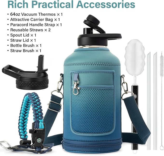 Insulated Water Bottle | Thickened Stainless Steel Vacuum Metal | Portable Sports Half Gallon Large Water Jug for Gym and Hiking with Straw, Carrier Bag, Handle Strap | BPA-Free 64 oz-FlexoryFit