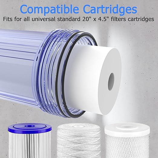 WHT20 Whole House Water Filter Housing, Fit 20"x4.5" Sediment etc Filters for Well and City Water, Big Filter Blue Pre-Filtration System for Home, 1" NPT Port, Pressure Release (Clear Housing)