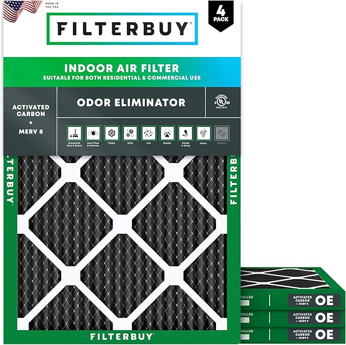 Filterbuy 16x20x1 Air Filter MERV 8 (MPR 700) Odor Eliminator Replacement (4-Pack), Electrostatic Pleated HVAC AC Furnace Filters w/Activated Carbon, Made in USA (Actual Size: 15.50 x 19.50 x 0.75)