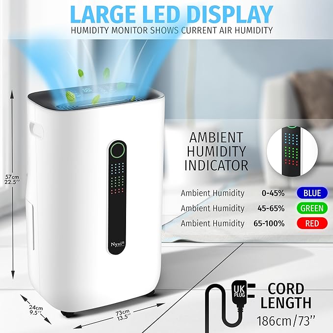 Nyxi 4,500 Sq Ft Home Dehumidifier, Most Efficient Energy Star, XL 1.7 Gallon Tank, Drain Hose, Digital Humidity Control & 24-Hour Timer, Removes Moisture 50 Pints from Rooms, Laundry, Office