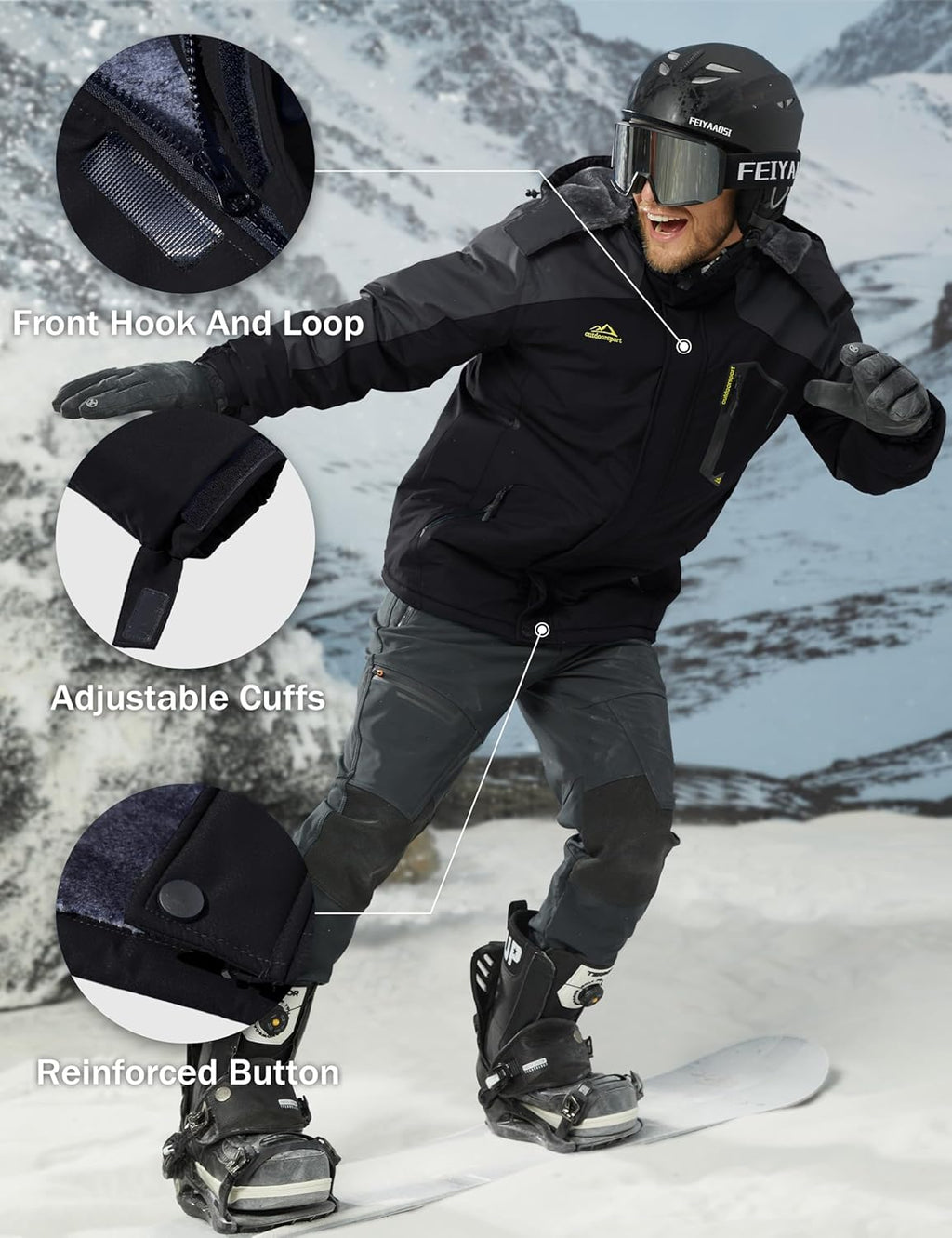MAGCOMSEN Men's Winter Coats Water Resistant Ski Snow Jacket Warm Fleece Jacket Parka Raincoats With Multi-Pockets