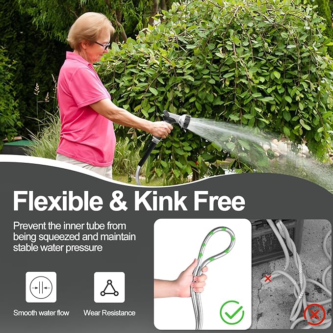 125ft 304 Stainless Steel Garden Hose Metal, Heavy Duty Water Pipe with Nozzles for Yard, Outdoor - Flexible, Never Kink & Tangle, Puncture Resistant (Sliver)