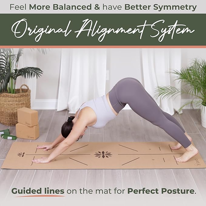 Premium Yoga Cork Mat | 5mm Thick Natural Tree Rubber Base and Bigger Mat for Extra Support, Alignment lines for Guidance | Non-Slip, Natural & Eco-friendly, Your Ultimate Eco-Friendly Yoga Companion-FlexoryFit