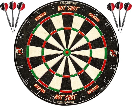 Ruthless Hot Shot Dart Board | Endurance Round Wire Sisal Dartboard Set Including 2 sets of Steel Tip Darts
