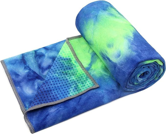 Eunzel Yoga Towel,Hot Yoga Mat Towel with Grip Dots Sweat Absorbent Non-Slip for Hot Yoga, Pilates and Workout 24" x72", Green & Blue-FlexoryFit