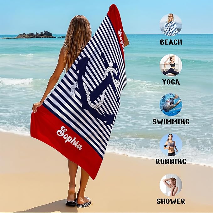 JML Personalized Beach Towel with Name, Custom Anchor Beach Towel, Customized Microfiber Pool Towel, Quick Dry & Absorbent Swim Towel for Adult,Anniversary, Birthday, Summer Holiday,Vacation-FlexoryFit