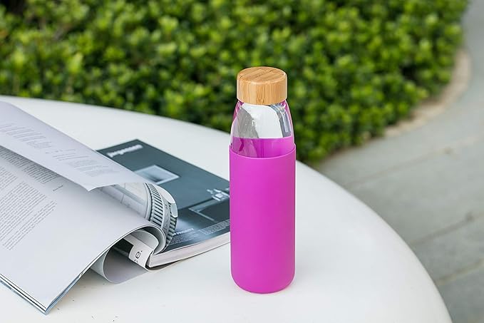veegoal 18 Oz Borosilicate Glass Water Bottles with Bamboo Lid, BPA-FREE, Non-Slip Silicone Sleeve, and Stainless Steel Leak Proof Lid - Reusable Glass Bottle for Men and Women