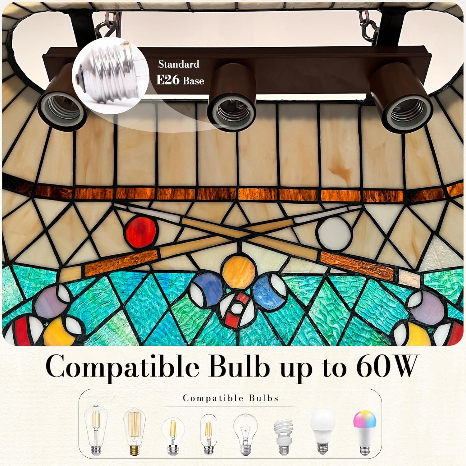 Capulina Tiffany Pool Table Light Pendant Light Fixture 3 Light Amber Green Style Stained Glass Chandelier for Billiard Room Kitchen Island Dining Room