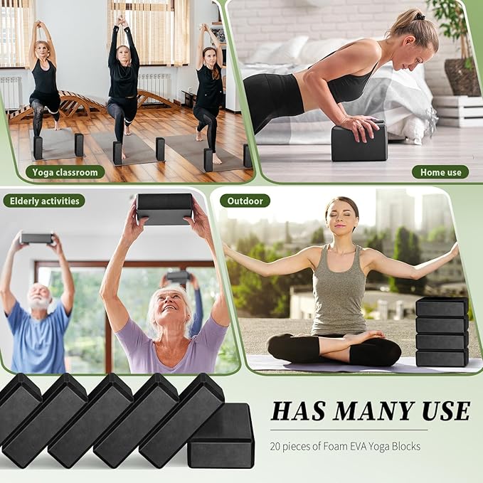 Yilloog 20 Pcs Foam EVA Yoga Blocks - High Density Non Slip Supportive Foam Blocks - Lightweight Black Yoga Bricks - Props for Women, Men, Beginners, Pilates, Meditation-FlexoryFit
