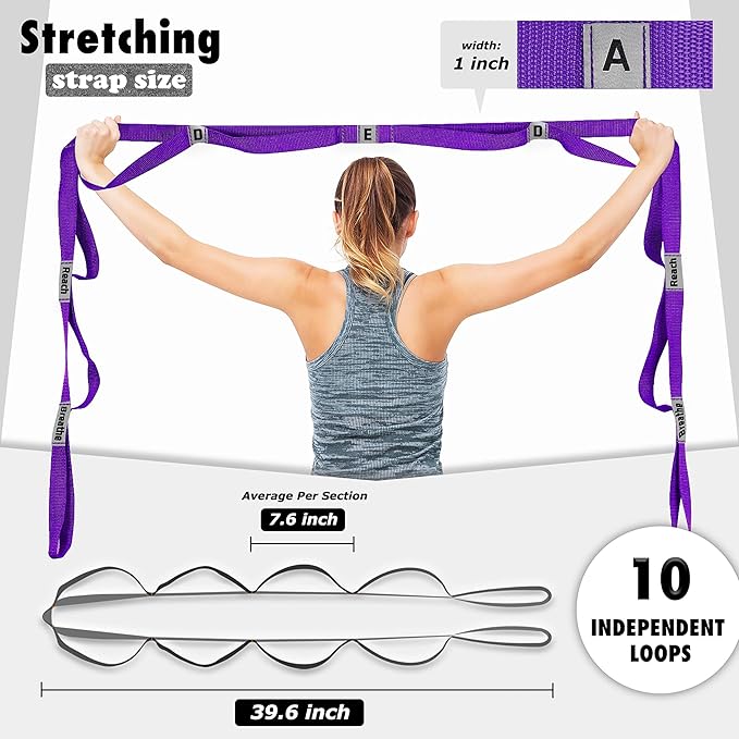 Stretching Strap Yoga Strap with 10 Loops, Non-Elastic Stretch Band for Physical Therapy, Flexibility, Exercise, Pilates, Dance & Gymnastics Workout-FlexoryFit