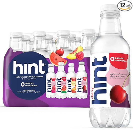 Hint Water Purple Variety Pack (Pack of 12), 16 Ounce Bottles, 3 Bottles Each of: Raspberry, Watermelon, Cherry, and Peach, Zero Calories, Zero Sugar and Zero Sweeteners-FlexoryFit