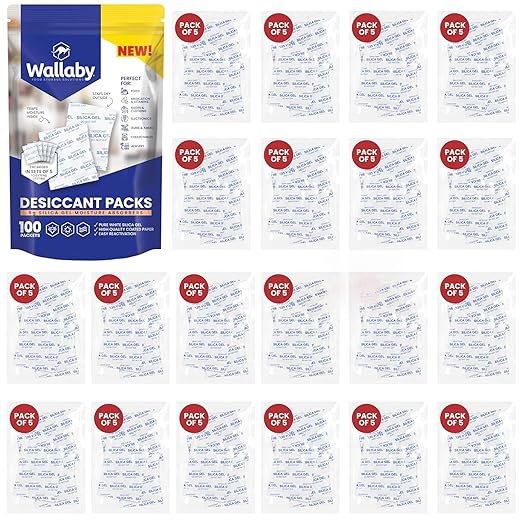 Wallaby 5 gram (100 Packets) Food Safe Pure White Silica Gel Desiccant Dehumidifier Packs - Rechargeable & Coated Moisture Absorbers - Protects Against Moisture Damage - (Packed in 20x Sets of 5)