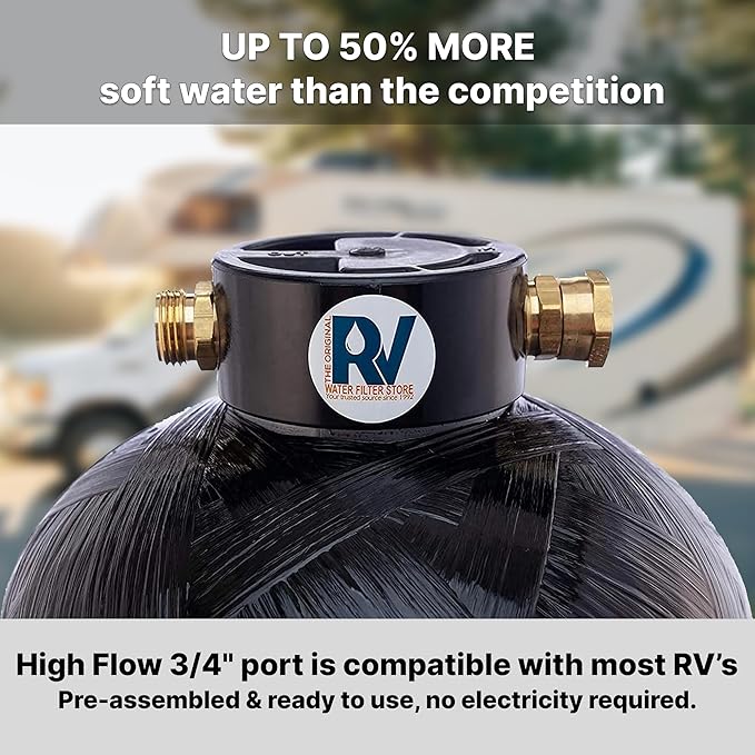 Essential RV Water Softener Portable 16,000 Grain w 4ft Hose, 3/4" Fittings, 2X Sets of Quick Connects, 1X Sani System, Softens Hard Water Prefilled NSF Resin
