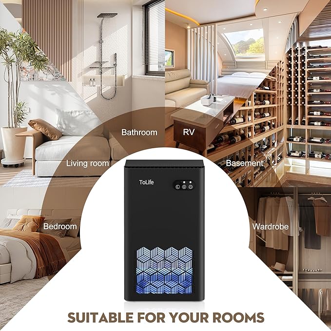 ToLife Dehumidifier for Bedroom Bathroom Basements, Dehumidifier with 2 Working Mode, Auto Shut Off, 7 Colors LED Light, Black