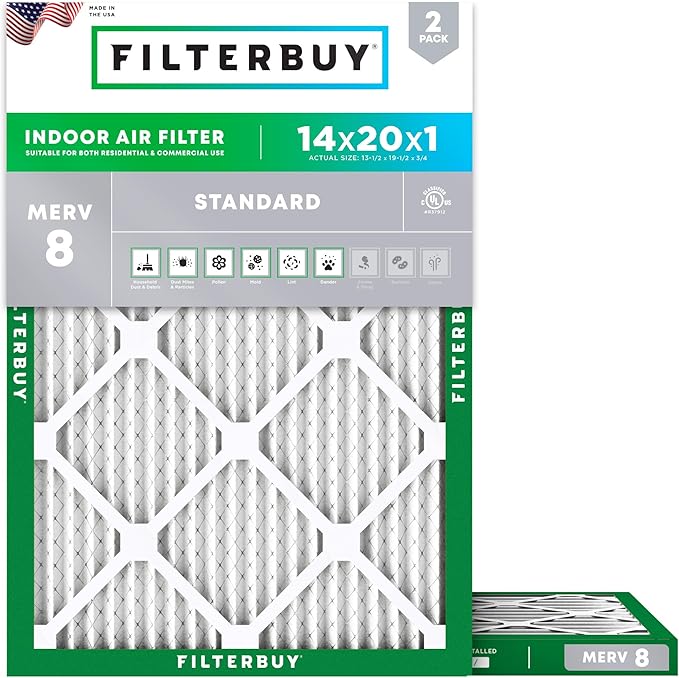 Filterbuy 14x20x1 Air Filter MERV 8 (MPR 700) Dust Defense Replacement (2-Pack), Electrostatic Pleated HVAC AC Furnace Filters, Made in USA (Actual Size: 13.50 x 19.50 x 0.75)