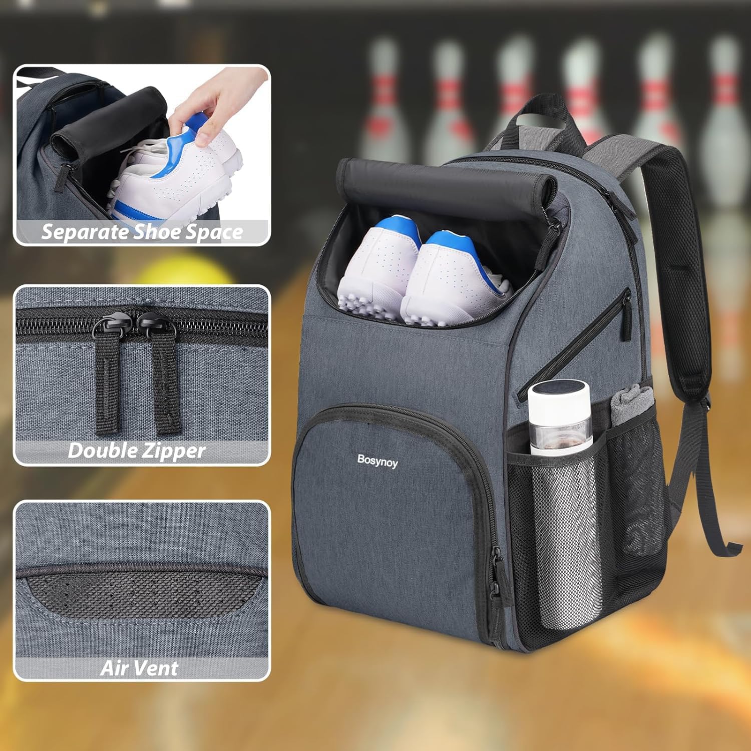 Bosynoy Bowling Backpack, Bowling Ball Bag Totes for Single Ball with Shoe Compartment & Foam Padded, Fits Shoes Up to US Mens Size 16, Grey
