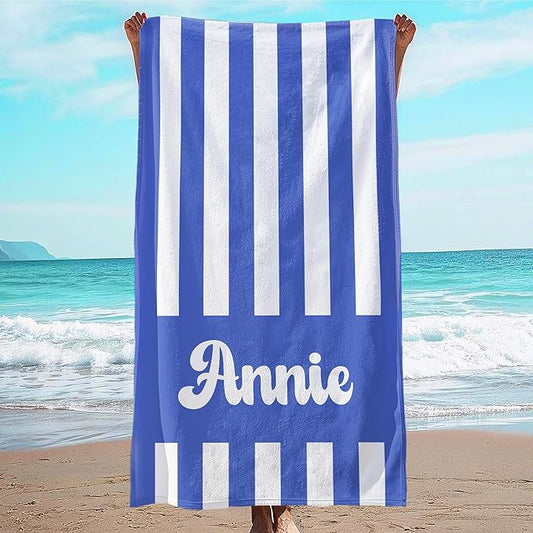 JML Personalized Beach Towel with Name, Custom Cabana Stripe Beach Towel, Customized Microfiber Pool Towel, Quick Dry & Absorbent Swim Towel for Adult,Mother's Day, Birthday, Summer Holiday,Vacation-FlexoryFit