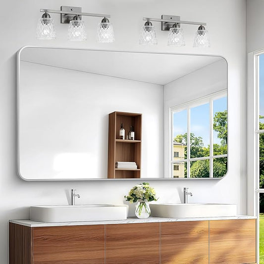 Silver Bathroom Mirror,60x36 inch Wall Mirror for Bathroom Wall Mounted,Rectangle Mirror for Bathroom Over Sink,Modern Frame Round Corner for Living Room,Bedroom Entryway,Horizontal/Vertical-FlexoryFit