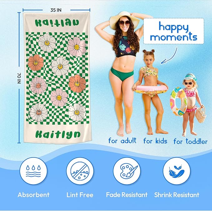 JML Personalized Beach Towel with Name, Custom Flower Beach Towel, Customized Microfiber Pool Towel, Quick Dry & Absorbent Swim Towel for Adult,Mother's Day, Birthday, Summer Holiday,Vacation-FlexoryFit