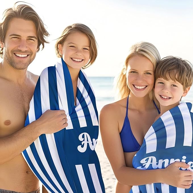 JML Personalized Beach Towel with Name, Custom Cabana Stripe Beach Towel, Customized Microfiber Pool Towel, Quick Dry & Absorbent Swim Towel for Adult,Mother's Day, Birthday, Summer Holiday,Vacation-FlexoryFit