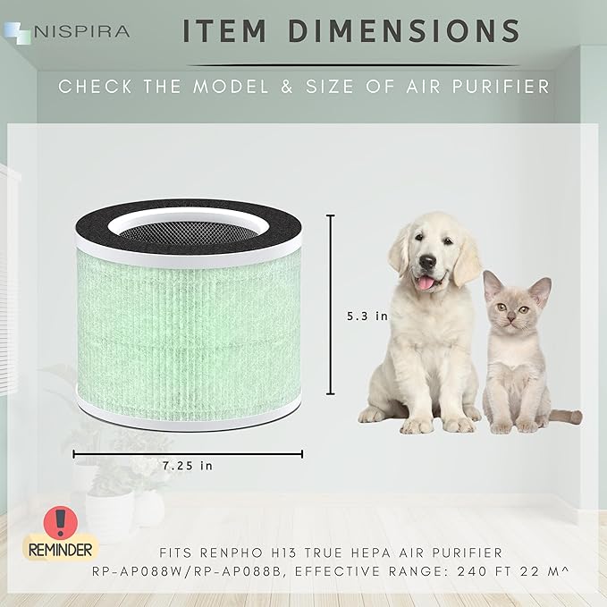 Nispira RP-AP088-F1 RP-AP088 Replacement Filter for RENPHO Air purifier RP-AP088W RP-AP088-F2 H13 4-in-1 HEPA Activated Carbon, 3 Packs