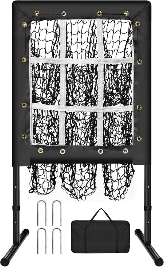 Pitching Net, 9 Hole Baseball Pitching Net with Strike Zone, Adjustable Softball Net for Batting Pitching Hitting, Portable Pitcher Trainer Baseball Hitting Target