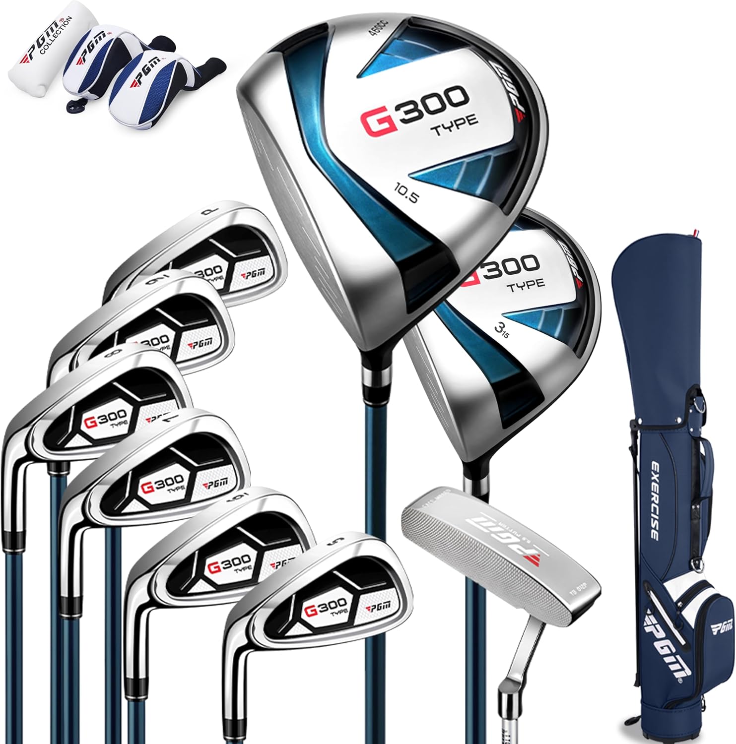 PGM Men's G Type Complete Golf Club Set - Titanium #1 Driver, Draw-Biased Hybrid, High-Strength Iron Set, High Forgiveness Putter, with Stand Bag