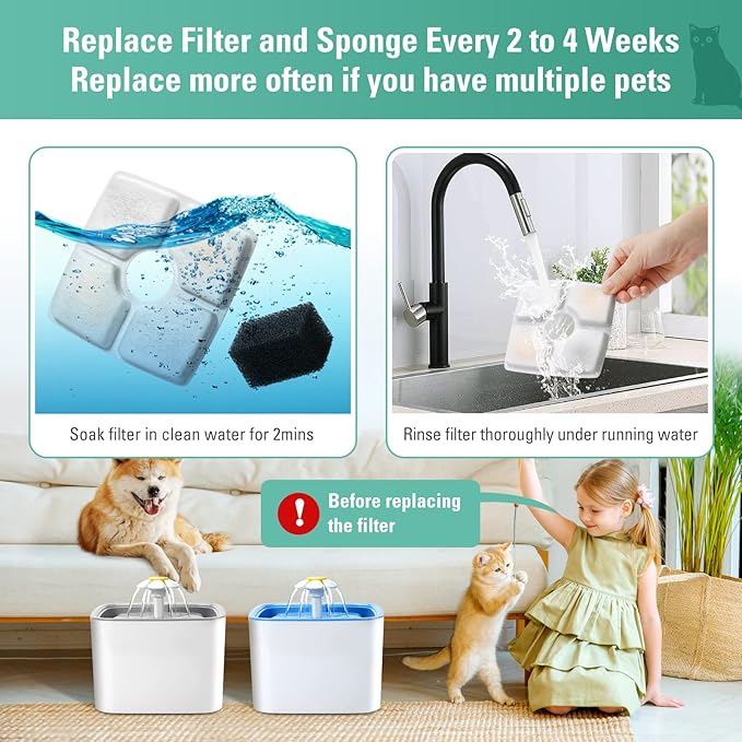 8 Pack Replacement Filters & 8 Pack Pre-filter Sponges for 84oz/2.5L Automatic Pet Fountain, BFLICROY Cat Water Fountain Filter, Triple Filtration Pet Fountain Replacement Filters