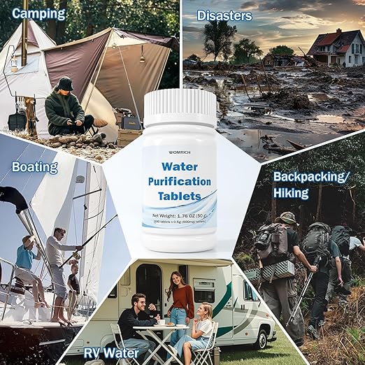 500mg Water Purification Tablets (100 Count) - Water Purifier Tablets for Emergency Water - Hiking, Camping, Survival, Backpacking, RVs - Water Purifier Treatment Tablets for Safe Drinking Anywhere
