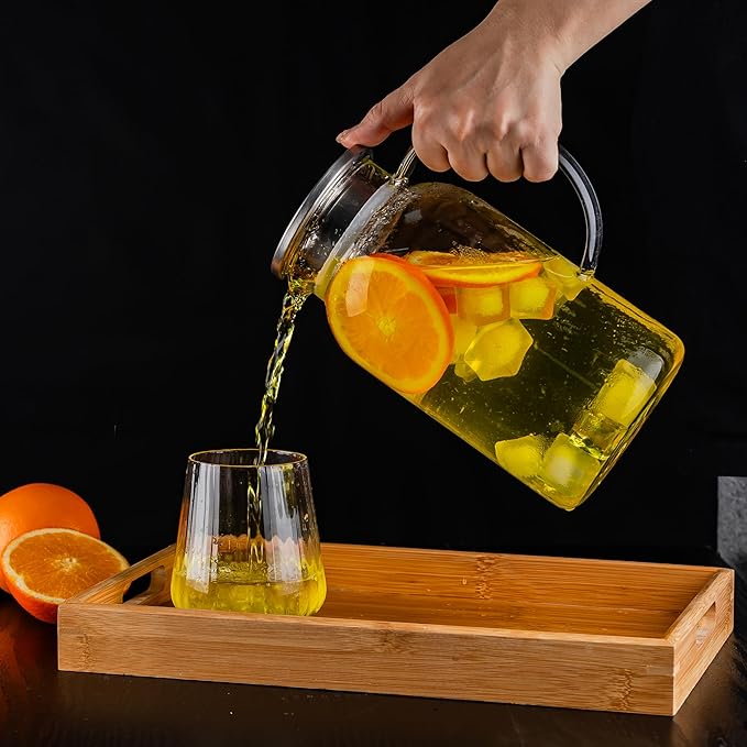Round Glass Pitcher with Lid & Spout, 2 Pack 1.8L 60 Oz – Water Pitcher with Handle for Fridge, Brosilicate Glass Carafe Hot & Cold Drink, Large Jug for Icead Tea Coffe Juice, Jarra De Vidrio Con Tapa