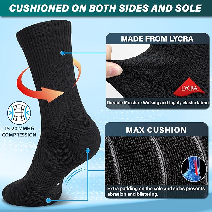 Hylaea Compression Running Socks for men, Coolmax Anti-Blister Cushion Crew Socks for Athletic, Moisture Wicking & Seamless-FlexoryFit