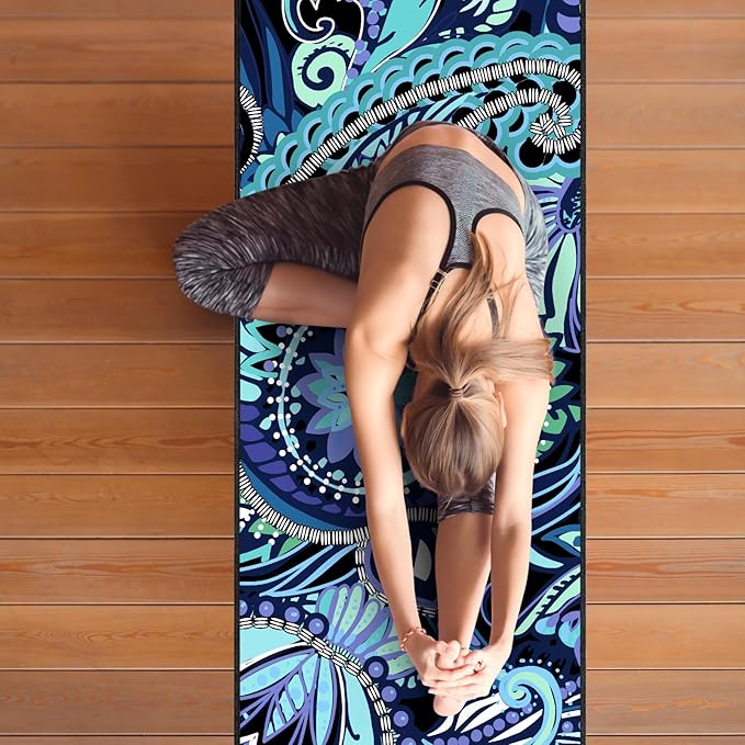 QiyI Yoga Mat Towel with Corner Pockets, Non Slip Sweat Absorbent Hot Yoga Towels, Soft Yoga Blankets with Travel Bag, Skidless Mat Cover for Workout, Gym, Fitness - 70"x26", Vintage Paisley-FlexoryFit