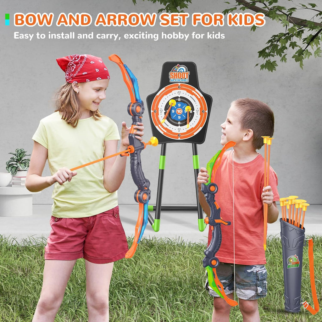 GMAOPHY Bow and Arrow for 5 6 7 8 9 10 11+ Year Old Boys, Birthday Gift for Kids, Indoor Outdoor Activity Toys, 2 Pack LED Light Up Archery Toy with 20 Suction Cup Arrows, Standing Target, 2 Quiver