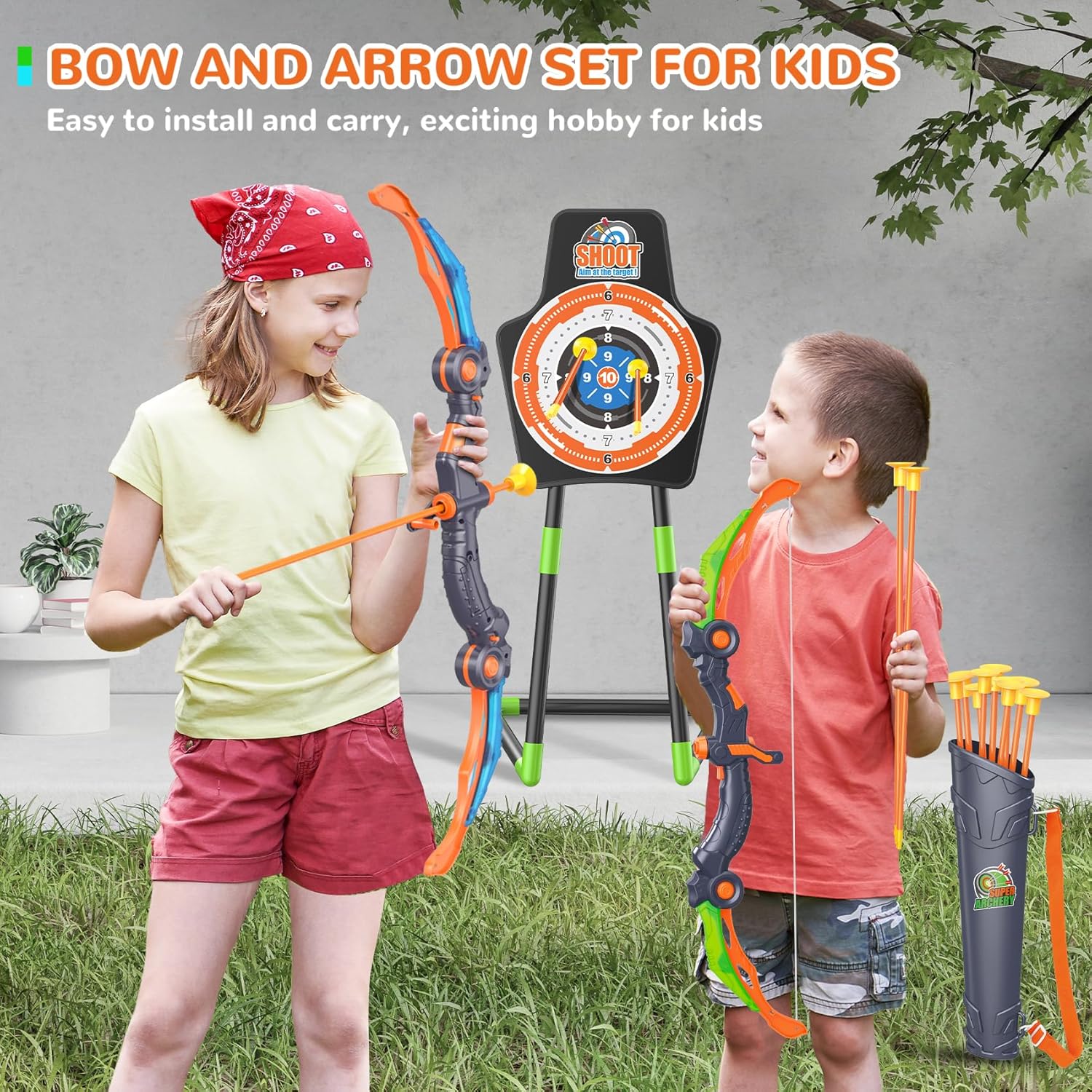 GMAOPHY Bow and Arrow for 5 6 7 8 9 10 11+ Year Old Boys, Birthday Gift for Kids, Indoor Outdoor Activity Toys, 2 Pack LED Light Up Archery Toy with 20 Suction Cup Arrows, Standing Target, 2 Quiver