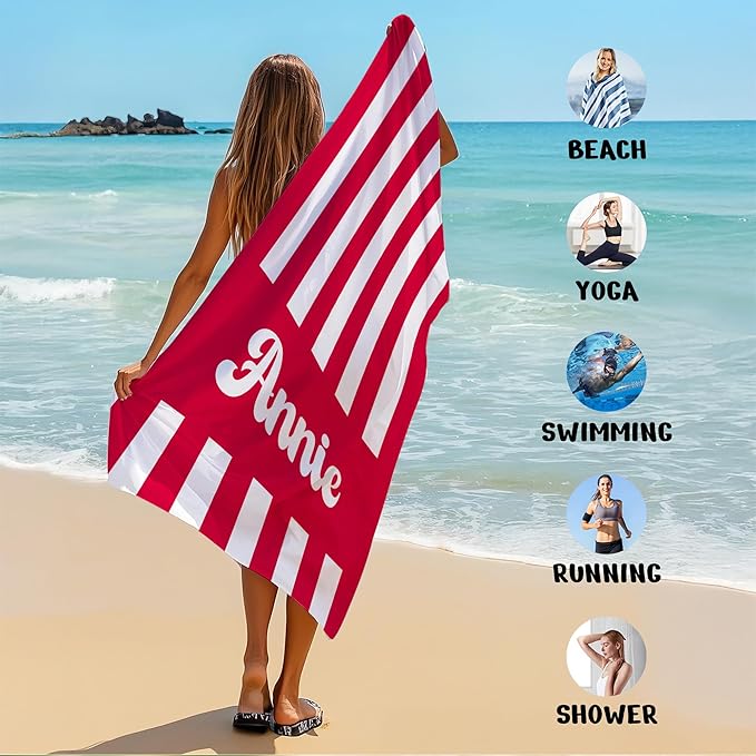 JML Personalized Beach Towel with Name, Custom Cabana Stripe Beach Towel, Customized Microfiber Pool Towel, Quick Dry & Absorbent Swim Towel for Adult,Mother's Day, Birthday, Summer Holiday,Vacation-FlexoryFit