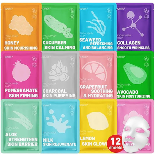 12 Pack Collagen Hydrating Face Masks Skincare, Sheet Face Mask for All Skin Types, Facial Masks Set for Women Skin Care, Face Mask Bulk Spa Gifts for Women-FlexoryFit