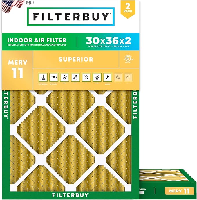 Filterbuy 30x36x2 Air Filter MERV 11 (MPR 1200) Allergen Defense Replacement (2-Pack), Electrostatic Pleated HVAC AC Furnace Filters, Made in USA (Actual Size: 29.81 x 35.81 x 1.75)