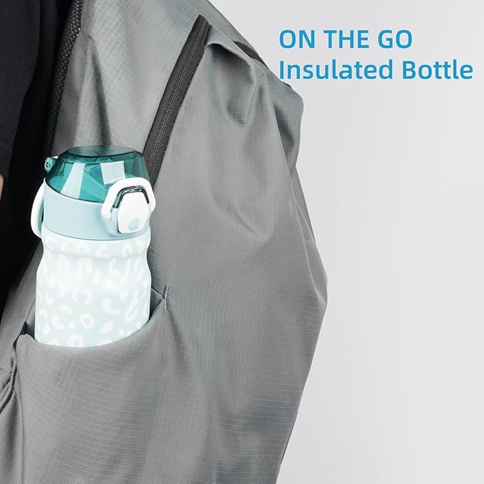 Insulated Water Bottle with Straw and Carry Loop,18 oz Stainless Steel Double Wall Vaccum Metal Water Flask with Leak-proof Lid,Light Blue Leopard-FlexoryFit