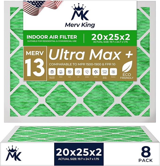 MervKing 20x25x2 Air Filter | MERV 13 | MPR 1500-1900 Ultra Max | 8-Pack | Pleated HVAC AC Furnace Replacement Air Filters | Actual Size: 19.7" x 24.7" x 1.75"