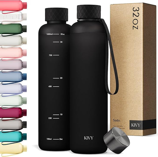 KIVY Slim Water Bottle 32oz [Lightweight & Shatterproof] Fits Backpack & Cupholder for Travel, Sports, School, Gym - Black water bottle no straw - Mens water bottle screw top - Dishwasher Safe-FlexoryFit
