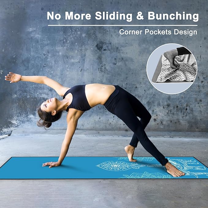 QiyI Yoga Mat Towel with Corner Pockets, Non Slip Sweat Absorbent Hot Yoga Towels, Soft Yoga Blankets with Travel Bag, Skidless Mat Cover for Workout, Gym, Fitness - 70"x26", Blue Mandala Elephant-FlexoryFit