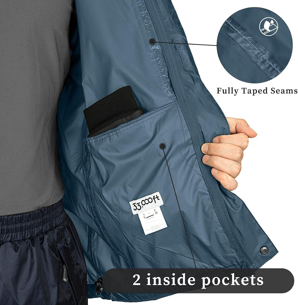 33,000ft Packable Rain Jacket Men's Lightweight Waterproof Rain Shell Jacket Raincoat with Hood for Golf Cycling Windbreaker