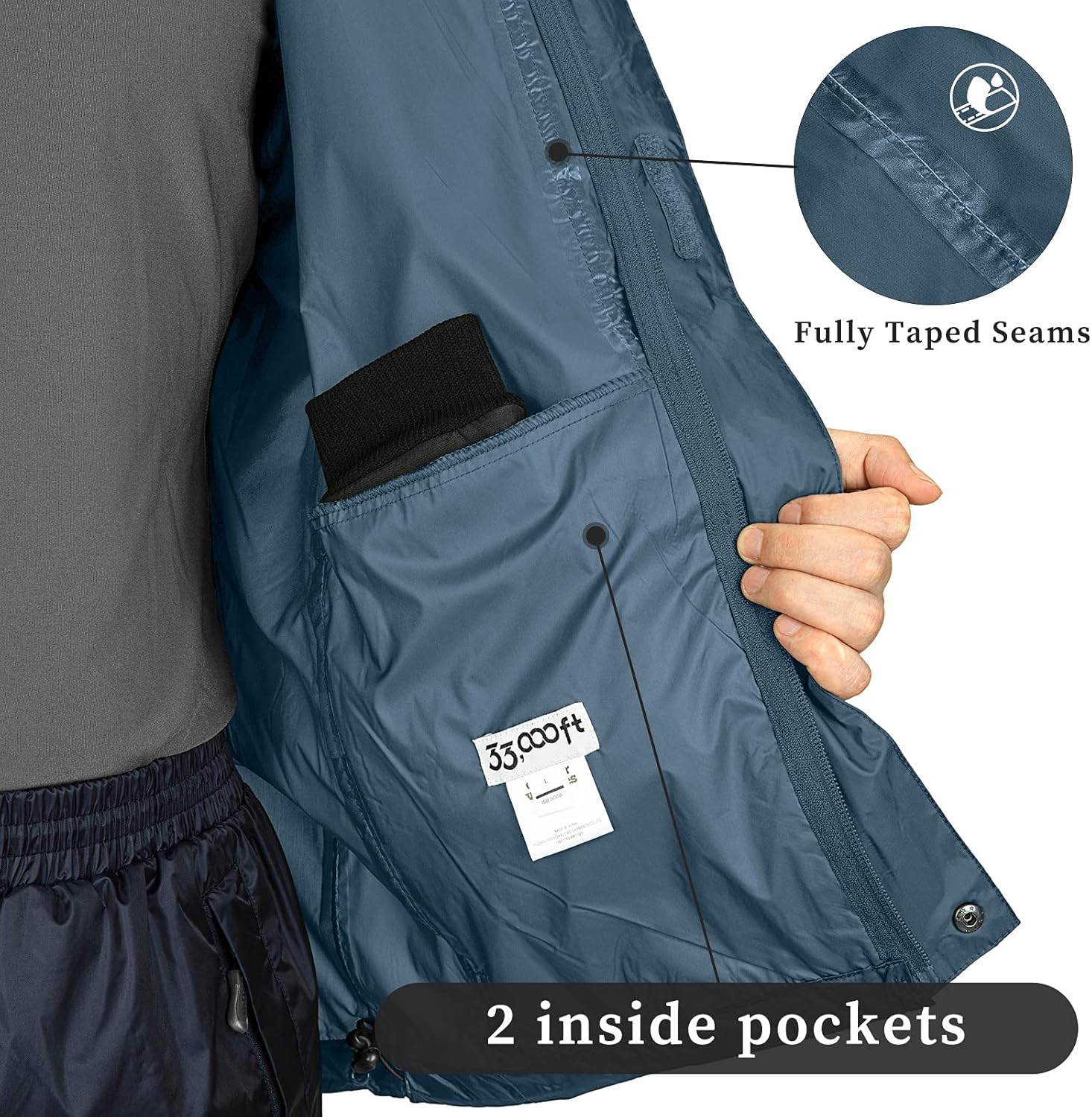 33,000ft Packable Rain Jacket Men's Lightweight Waterproof Rain Shell Jacket Raincoat with Hood for Golf Cycling Windbreaker