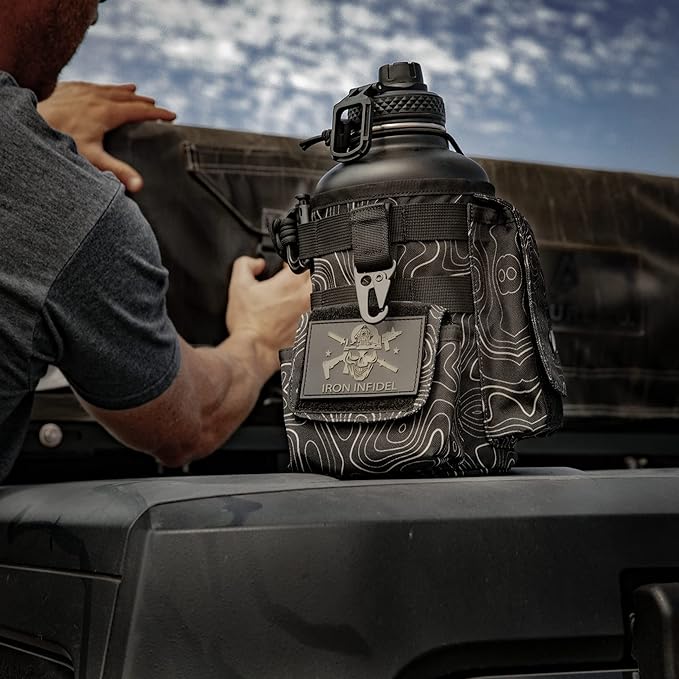 Iron InfideI Battle Bottle Sleeve - 64 oz and 32 oz Water Bottle Sleeve Only for Half Gallon 1L Steel Water Bottle | Rugged Cover with Molle for Versatile Design with Storage for Phone, Wallet & Keys-FlexoryFit