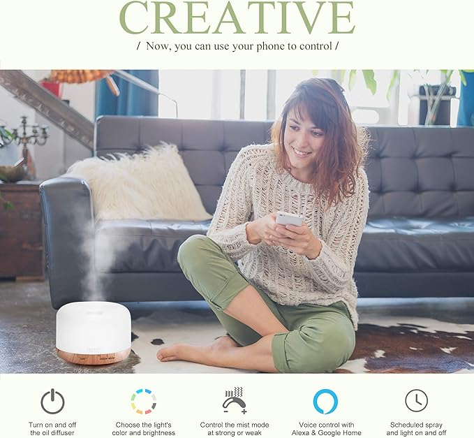 ASAKUKI Smart Wi-Fi Essential Oil Diffuser, App and Voice Control Compatible with Alexa, 500ml Aromatherapy Humidifier for Relaxing Atmosphere in Home Office Bedroom Gold